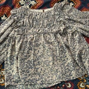 Elegant Floral Ruffle Blouse in Blue and White